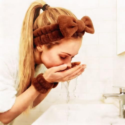 7 Pcs Spa Set, Facial Headband and Wristband Set, Skincare Accessories, College Style Girl Idea Gifts, Hair Accessories for Women and Girls （Dark Brown） - color: Dark Brown