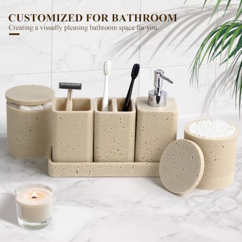 Bathroom Accessories Set, 6 Piece Bathroom Set with Toothbrush Holders, Soap Dispenser, Vanity Tray, Tumbler, Cotton Swab Jars, Bathroom Organizer for Bathroom，Bathroom Sink Sets Travertine Beige - color: Travertine Beige