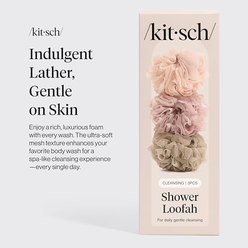 Kitsch Shower Loofah – Soft Mesh Body Scrubber & Bath Sponge for Daily Gentle Cleansing – Durable Loofah for Men and Women with Hanging Loop, Eco-Friendly, 100% PCR Material – 3pc Set, Ballet