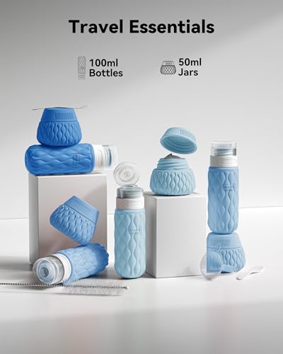 Silicone Travel Bottles for Toiletries 8 Pack Travel Size Toiletries 3.4 oz 1.7 oz, Leakproof Squeeze Travel Size Containers Refillable Cosmetic Jars Set for Shampoo, Conditioner, Creams - color: Ocean Wave-3.4oz/1.7oz