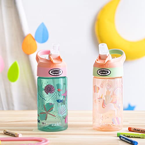Zak Designs 16oz Riverside Kids Water Bottle with Spout Cover and Built-in Carrying Loop, Made of Durable Plastic, Leak-Proof Water Bottle Design for Travel (Unicorn & Shells, Pack of 2) - color: Unicorn & Shells