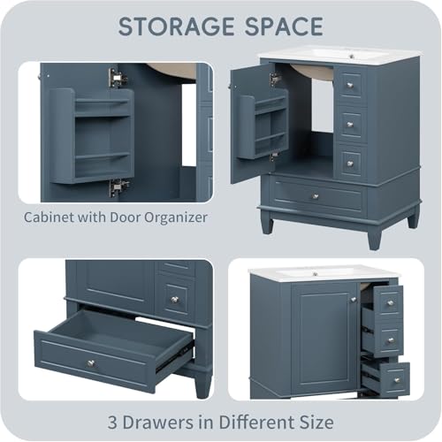 Linique 24" Bathroom Vanity with Sink Combo Set, Solid Wood Frame Bathroom Storage Cabinet with 3 Drawers, Soft Closing Door with Organizer, Blue Gray - color: Blue Gray, size: 24"/ Door with Organizer