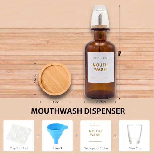 11.8OZ Glass Mouthwash Dispenser for Bathroom with Stainless Steel & Bamboo Nozzle, Mouthwash Cup Reusable, Bamboo Tray, and Elegant Gold Sticker.（Amber - color: Amber/350*1