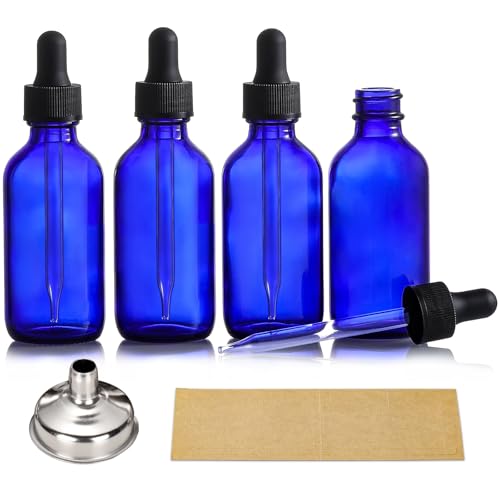 AOZITA 4 Pack, 2 oz Dropper Bottles with 1 Funnel & 4 Labels - 60ml Thick Dark Blue Glass Tincture Bottles with Eye Droppers - Leakproof Essential Oils Bottle for Health, Personal Care & Beauty - color: Blue