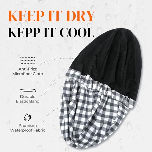 Shower Cap for Men Black White Plaid Bath Cap, Reversible Large Waterproof Adjustable Shower Caps Terry Lining & Elastic Band Stretch Hem Hair Hat - color: Black White Plaid