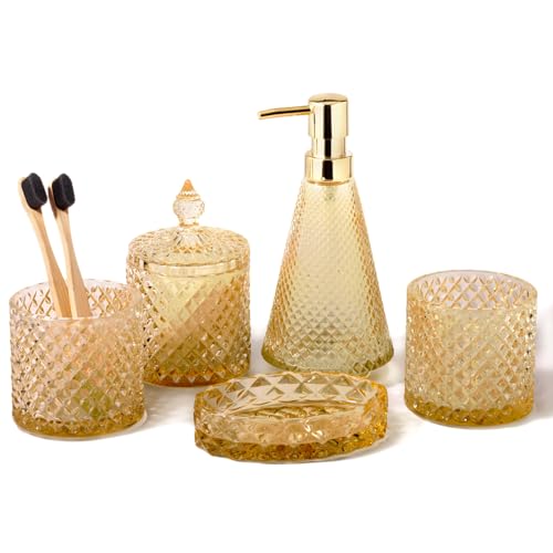 EMPO 5Pcs Diamond Glass Bathroom Accessories Complete Set, Triangle Vintage Lotion Dispenser, Soap Dish, Toothbrush Holder, Tumbler, Cotton Swab Jars, Modern Decor, Housewarming Gift Set (Light Beach) - style: Diamond Light Beach Set