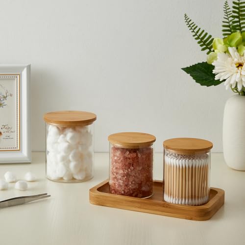 INIUNIK 6 Pack Glass Qtip Holder Dispenser with Bamboo Lid Apothecary Jars Cotton Ball Swab Holder Dispenser Bathroom Vanity Canisters Jars for Countertop Storage and Organization - size: 6 Pack