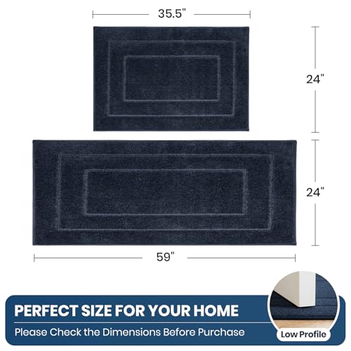 PURRUGS Machine Washable Kitchen Rug Set [2 PCS] (24" x 35.5"+ 24" x 59"), Non-Slip/Skid Kitchen Runner Rugs & Floor Mats, Super Absorbent Soft Standing Mats for Kitchen, Laundry & Sink, Navy Blue - color: Navy Blue, size: 24" X 35.5"+ 24" X 59"