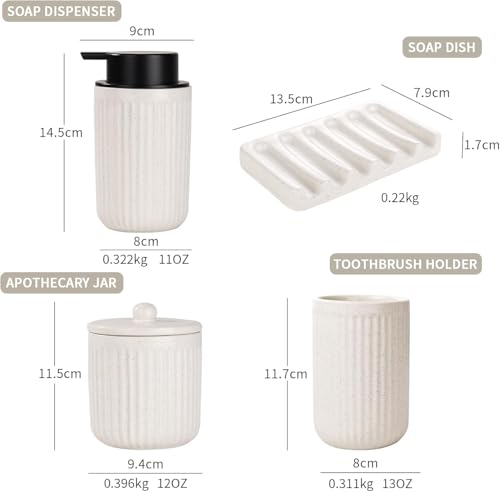BosilunLife Beige Bathroom Accessories Set - Ceramic Bathroom Counter Soap Set Bathroom Decor Sets Accessories Bathroom Lotion Soap Dispenser and Toothbrush Holder Set, Soap Dish, Apothecary Jars - color: Beige-foam