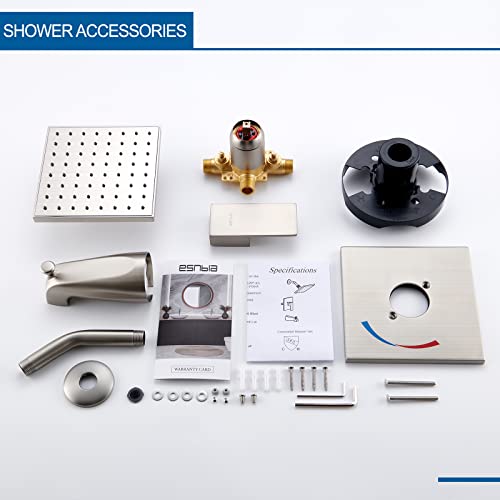 Esnbia Shower Tub Kit, Tub and Shower Faucet Set（Valve Included) with 6-Inch Rain Shower Head and Tub Spout, Single-Handle Tub and Shower Trim Kit,Brushed Nickel - color: Brushed Nickel, style: with tub spout