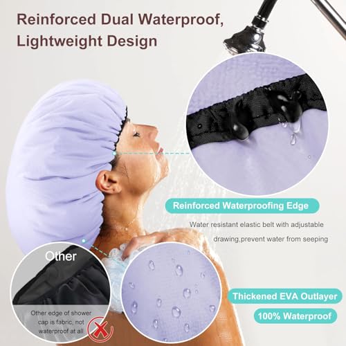 Sheomern 2 Pcs 13.5" Dual Waterproof Design Adjustable Terry Shower Cap for Women and Men, EVA Double Layer Bath Cap Reusable for Braids, Long Hair, Dreadlocks - color: Purple+Green, size: Large