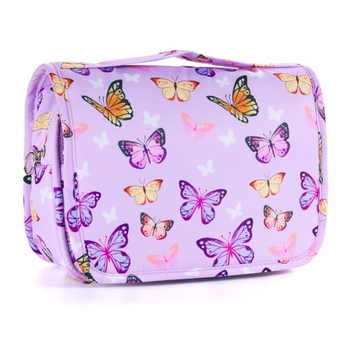 Kids Hanging Toiletry Bag for Girls, Travel Toiletry Bag for Little Young Girls Cosmetic Makeup Waterproof Wash Bag Toddler Traveling Toiletries, Butterfly Purple - color: Butterfly-Purple