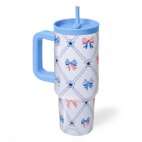 SANDJEST American Flag Stainless Steel Locking Lid Silicone Straw Tumbler with Handle 40oz, Insulated Stainless Steel Travel Cup for Women Girls Friends, Gift Idea for Birthday July 4th (Bow) - color: American Flag 1