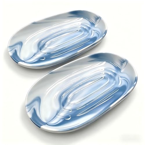 Ceramic Marble Pattern Soap Dish, Textured Raised Soap Saver Tray for Shower Bathroom Kitchen Sink Vanity, Easy to Clean Multi-Use Holder for Bar Soap Jewelry Rings Keys, Blue (2 Pack) - color: Blue 2p