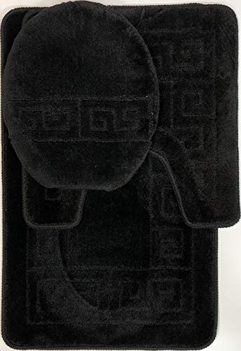 WPM WORLD PRODUCTS MART 3 Piece Bath Rug Set Pattern Bathroom Rug (20"x32")/Large Contour Mat (20"x20") with Lid Cover (Black) - color: Black