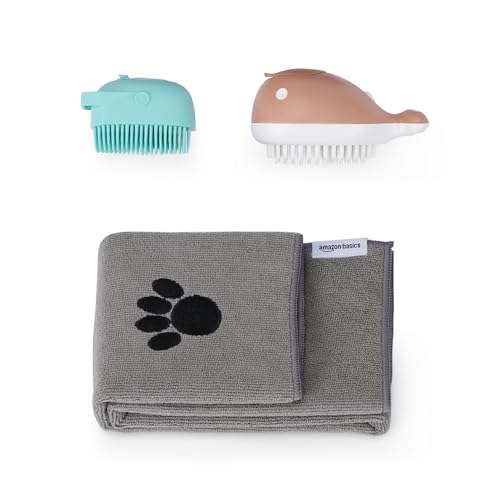 Amazon Basics Dog Bath Brush with Shampoo Dispenser and Fast Dry Towel, Blue and Orange, 3-Pack