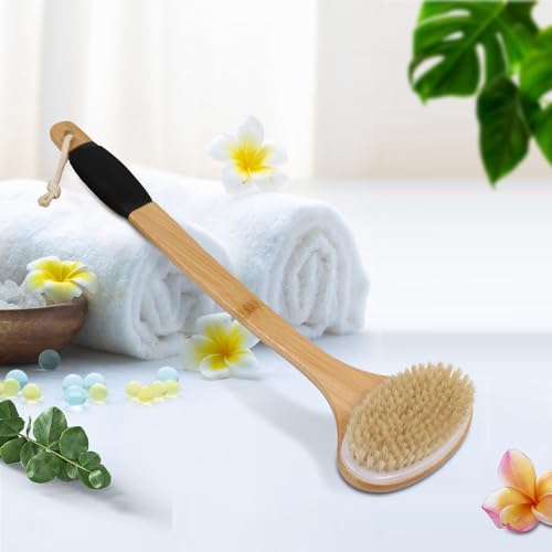 OWIIZI Back Scrub Brush for Shower,Stiff Boar Bristles Bamboo Curved Long Handle Antiskid Body Bath Brush for Back Use Wet or Dry,Deep Cleanse Large Surface Back Scrubber