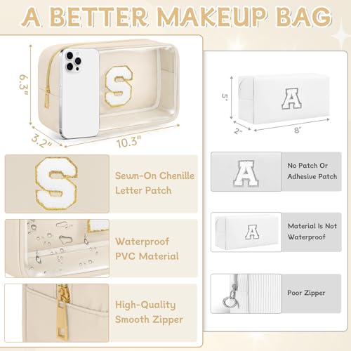 Initial Clear Makeup Bag, Birthday Gift Preppy Chenille Patch Cosmetic Bag, Initial Travel Essentials Beach Toiletry Pouch, Ideal Gift for Teachers & Moms, Women and Girls (Beige, S) - color: Beige, style: S