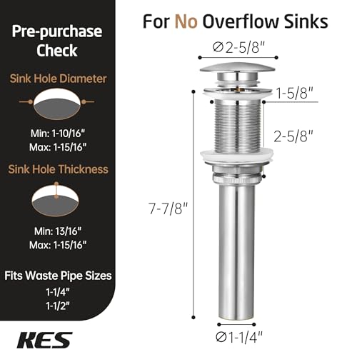 KES Bathroom Sink Drain Without Overflow, Brushed Nickel Pop Up Drain Vessel Vanity Sink Stopper 2 Pack, All Metal Rustproof Brass and 304 Stainless Steel, for 1.6"-1.9" Sink Hole, S2008D-BN-P2 - color: Brushed Nickel, style: NO Overflow, 2 Pack