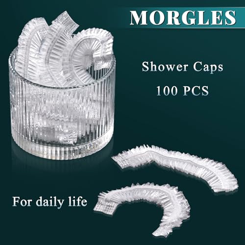 MORGLES 100 Pcs Disposable Shower Caps, Clear Large Shower Caps for Women Disposable, Plastic Hair Caps for Hair Treatment, Spa, Home & Travel Use,19.7" - size: 100 Count (Pack of 1)