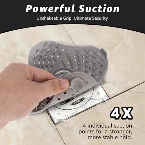 Silicone Hair Catchers Drain Screens 2-Pack, 5.31-inch Square Shower Drain Protectors Strainers with Suction Cup Suit for Showers, bathrooms, Sinks, Floor drains (Grey)