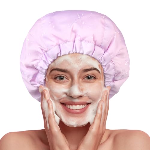 Shower Cap for Women Terry Lined Bath Cap Large Reusable Waterproof Elastic Band Pink Shower Caps for Long Thick Hair Soft Bath Shower Hair Caps - color: PURPLE