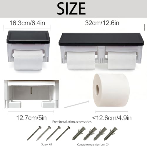 Black Toilet Paper Holder with Storage Shelf, Matte Black Toilet Paper Holder with Storage, Black Double Toilet Paper Holder with Shelf for Bathroom - color: Abs Black&white, size: Full