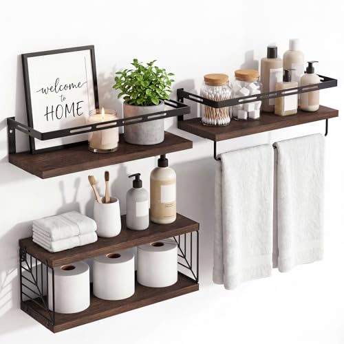 Fixwal Wall Mounted Bathroom Shelves Over Toilet, Rustic Wood Floating Shelves with Metal Frame and Towel Bar for Bathroom, Kitchen, Bedroom, Living Room (3 Plus 1 Dark Brown) - color: 6-dark Brown