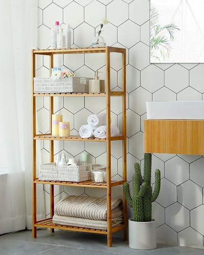 SONGMICS Bamboo Storage Shelf, 5-Tier Shelving Unit, Multifunctional, in The Entryway, Bathroom, Living Room, Balcony, Kitchen, 10.2 x 23.6 x 51.2 Inches, Light Bamboo UBCB35Y - color: Light Bamboo, size: 5 Tiers (10.2"D x 23.6"W x 51.2"H)