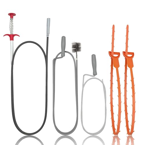 JOYFUL&HOPEFUL Drain Clog Remover Tool, 60" Stainless Steel Drain Unblocker,40" Snake Remover, 60" Pipe Cleaner Brush,24" Drain Cleaning Snake,5PCS, For Toilet, Kitchen Sink, Bathroom Tub, Sewer