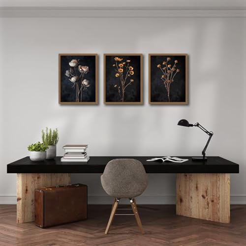 3 Pcs Moody Dried Flower Canvas Wall Art For Bedroom Dark Vintage Floral Framed Wall Art Rustic Aesthetic Botanical Art Prints for Living Room Bathroom 16x24 inch Ready to Hang - color: Dried flowers, size: 16x24 inches