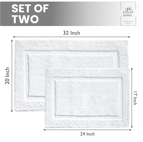 voyzz home Set of 2, Cotton Bathroom Bath Mat Rug White, 20"x32" & 17" x24 INCH Extra Soft, Non-Slip, Super Water Absorbent and Machine Washable for Bathroom, Floor, Tub & Shower - color: Plain White Combo