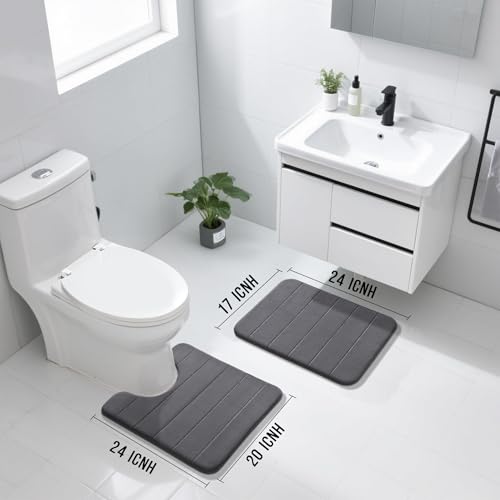 Yimobra U-Shaped Toilet Bath Mat Set 2 Piece - Soft Absorbent Quick Dry Memory Foam Bathroom Rugs, Machine Washable Non Slip Floor Carpet for Tub Shower & Single Sink (17x24 & 24x20, Dark Gray) - color: Dark Gray, size: 24x17+24x20 Inch