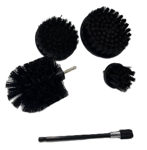 Diamond Shine 5-Piece Firm Bristle Drill Brush Set with 6” Extension Rod – Black Nylon Power Scrubber, 2-5 Inch Heads for Tile, Grout, Tubs & Outdoor Cleaning