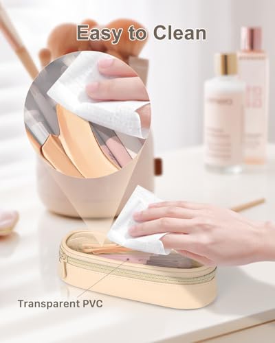 Soimeat Clear Travel Makeup Brush Holder, Leather Makeup Brush Toiletry Bag, Portable Cosmetic Brush Case, Transparent Waterproof Makeup Brush Storage Bag, Khaki - color: Khaki, size: Small