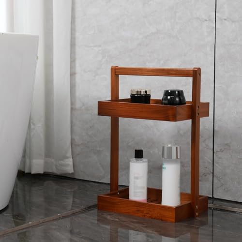 Utoplike Teak Wood Shower Caddy Corner, 2 Tier Bathroom Organizer Countertop, Standing Shower Rack with Handle, Stand Up Shower Basket for Shampoo, Shelf Rack for Inside Shower, Kitchen Desktop - color: 2 tier