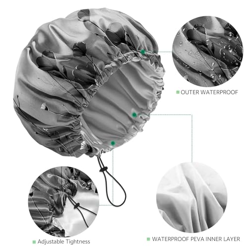 2 PCS Shower Cap Waterproof Double Layer Elastic Adjustable Reusable Hair Bath Caps for Girls Women Cute Aesthetic-Black Grey - color: G17-Black Grey
