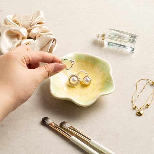 Ceramic Lotus Leaf Trinket Dish, Ring Holder for Jewelry | Keeps earrings, necklaces, keys, and keepsakes handy on vanities or nightstands, a sweet gift for moms, sisters, and friends - color: Sesame Gold