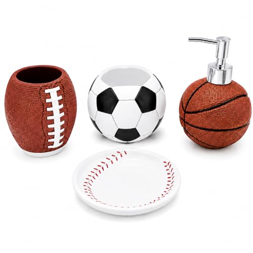 4-Piece Sports Bathroom Accessories Set Complete with Basketball Lotion/Soap Dispenser,Soccer Bath Cup/Tumbler,Base Ball Soap Dish,Football Toothbrush Holder - style: Sports Style Model