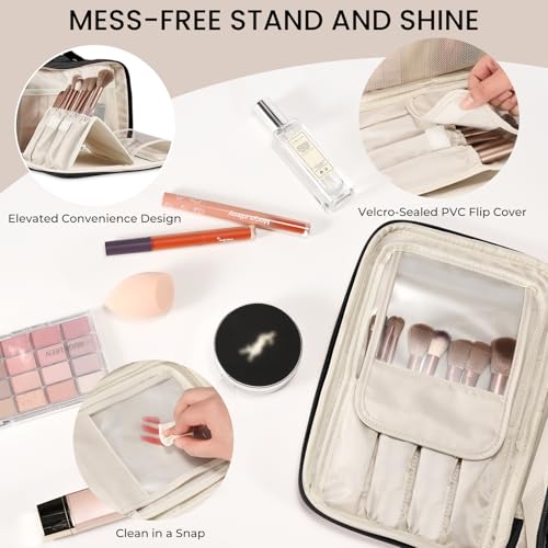 HauteHues Travel Makeup Bag Women's Large Capacity Cosmetic Portable Organizer Large Opening Waterproof Storage Toiletry Bags Vertical Free-Standing Brush Holder for Easy Access Black - color: Black