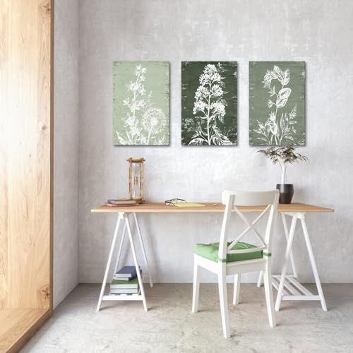 RnnJoile Boho Botanical Prints Sage Green Floral Canvas Picture Wall Art for Bathroom Decor Framed 16x24 inches each