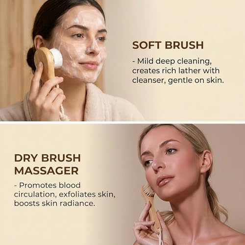 Zeutch Premium Dry Brushing Body Brush Set for Lymphatic Drainage and Cellulite Treatment, Boar Bristle Long Handle Face Cleansing Brush for A Glowing Skin, 5 Pack