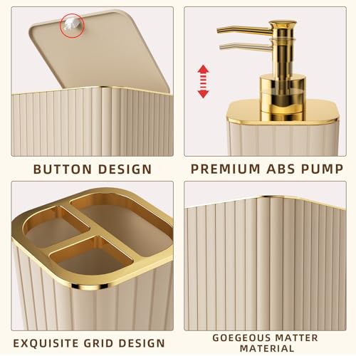XLHOMO Bathroom Accessories Set - Gorgeous Bathroom Set, 10PC Beige Bathroom Accessory Set, Toilet Brush, Trash Can & Soap Dispenser - size: Bath Set, style: Beige&Gold