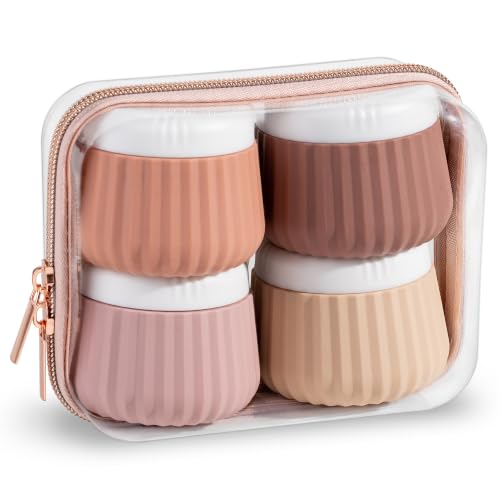 Mrsdry Travel Containers for Toiletries 4 Pack, Clear Hard Zipper Case, TSA Approved Travel Size Toiletries, With Clear Bag Leak Proof Silicone Jars, Creams Jars Carrying Small Items - color: Red Soil-Clear Hard Zipper Case, size: 3 oz