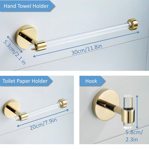 Gold Bathroom Hardware Accessories Set - Acrylic Hand Towel Holder Toilet Paper Holder Towel Hook - Wall Mounted Bath Towel Bar Set 3 Pieces SHUNLI - size: 3-Piece