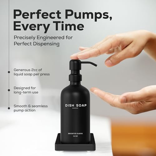 Black Glass Hand and Dish Soap Dispenser Set by Brighter Barns - Kitchen Soap Dispenser Set with Tray for Home, Airbnb, Vacation Rental, Gift - Minimalist Home Decor, Modern Kitchen Decor (Black) - color: Black Hd