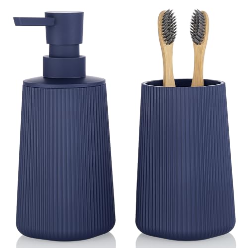 YAUKPH Bathroom Accessories Set 2 Piece Soap Dispenser and Toothbrush Holder for Bathroom Countertop Striped Blue - color: Striped Blue