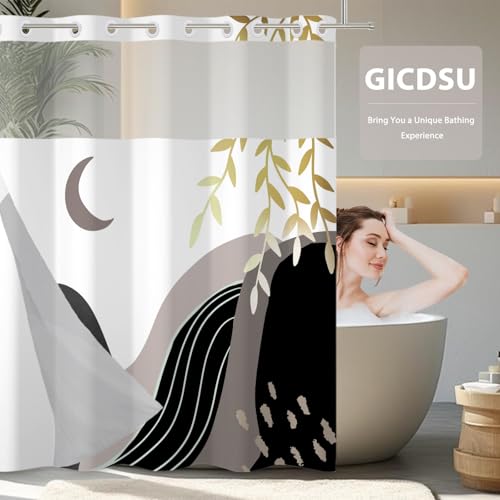 No Hook Shower Curtain Mid Century Boho with Snap in Liner, Hotel Grade Abstract Modern Shower Curtains Set for Bathroom, Spa Like Bath Curtain, Gray, 71" W x 74" L - color: 01 Mid Century - Gray, size: 71"W x 74"L (Pack of 1)