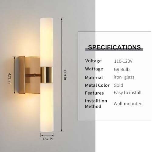 KUZZULL Modern Wall Sconces, Set of 2 Brushed Brass Gold, Frosted Glass Shade, Indoor Wall Mounted Lights, Bathroom Sconces, 36 cm, for Bedroom Wall Lamp - color: brass gold frosted