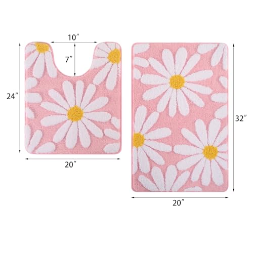 QJHOMO Bathroom Rugs Sets 2 Piece, Cute Daisy Bath Mat Pink Toilet Rug U Shaped, Flower Deocr Bathroom Set Non Slip Contour Bathmat, Super Absorbent Microfber Floor Mats Machine Washable Carpets - color: Pink, size: 1'8" x 2'8" (Rectangular & U-Shape)